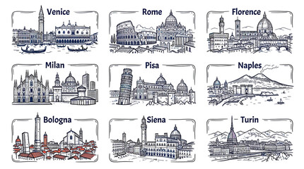 Fototapeta premium Italian City Skylines Collage: Venice, Rome, Florence, Milan, Pisa, Naples, Bologna, Siena, Turin