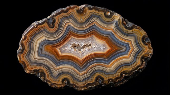 Macro photograph illustrations of a polished agate slice with colorful banded patterns