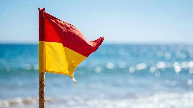 Red and yellow beach safety flag waving in wet sand