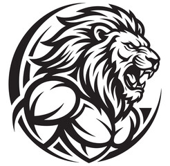 Fototapeta premium Black and white illustration of a muscular lion head with mane roaring aggressively