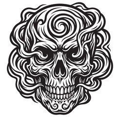 Fototapeta premium Black and white illustration of a skull with swirling patterns on face