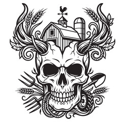 Fototapeta premium Black and white illustration of bull skull with farm elements and barn farmhouse decor
