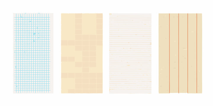 four vertical sheets of classic stationery paper with various line patterns grid ruled squared lined notebook