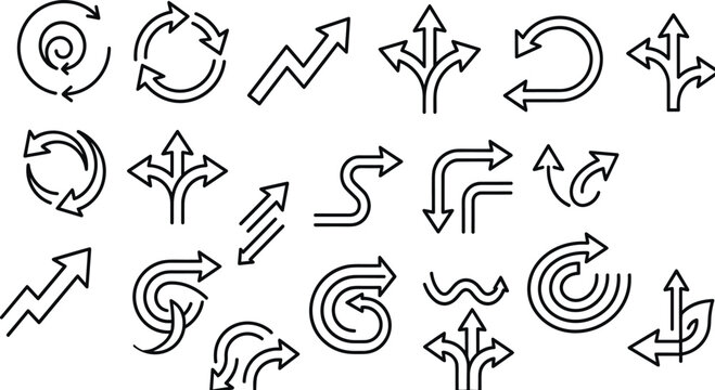 Set of black linear arrow icons for navigation and business charts on white background.