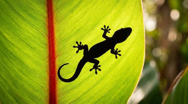 Gecko lizard silhouette on bright sunlit green leaf