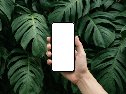 Hand Holding Phone With Blank White Screen Copyspace