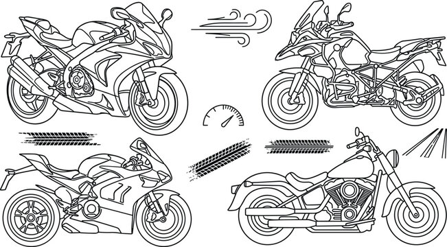 Motorcycle and Superbike Transport Set with Sport Bikes, Adventure Tourer, Cruiser, Speedometer, and Tire Track Marks Line Art Vector Illustration