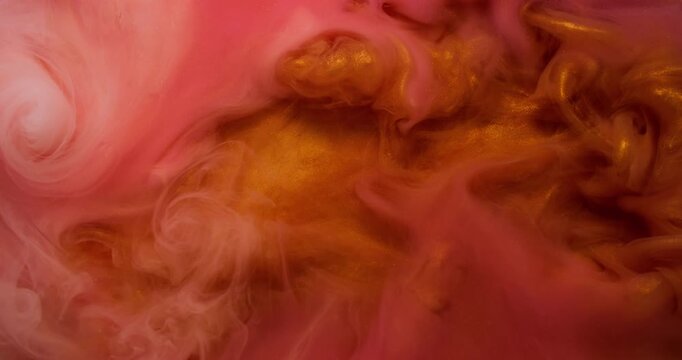 Vapor flow. Ink swirl. Red orange shimmering art smoke liquid stream blend color. Fume bright twist abstract water blur background.