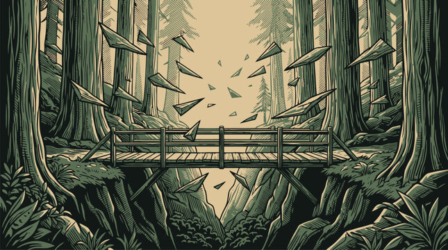 Enchanted forest pathway wooden bridge vines vector illustration.