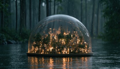 Fototapeta premium Miniature illuminated cityscape encased in a dome floating on calm water in a misty forest