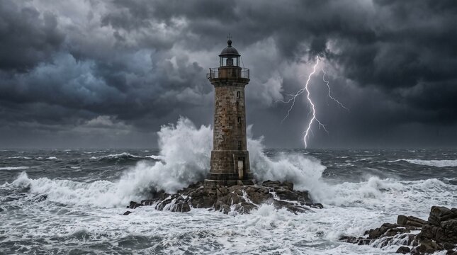 A weathered stone lighthouse stands defiant on a rocky outcrop as massive waves crash against its base, with a bolt of lightning striking in the distance under heavy storm clouds.