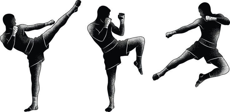 Muay Thai fighters silhouettes set with high kick boxing stance and jumping strike halftone vector illustration isolated
