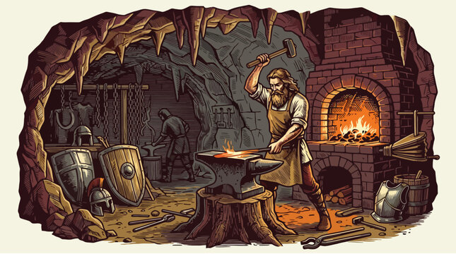 Medieval blacksmith forge fire tools in stone dungeon vector illustration.