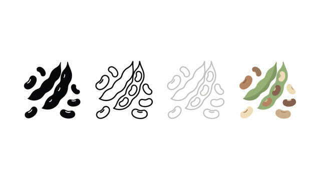 Collection of four different illustrative icons representing various styles of depicting raw green beans and brown kidney beans with pods