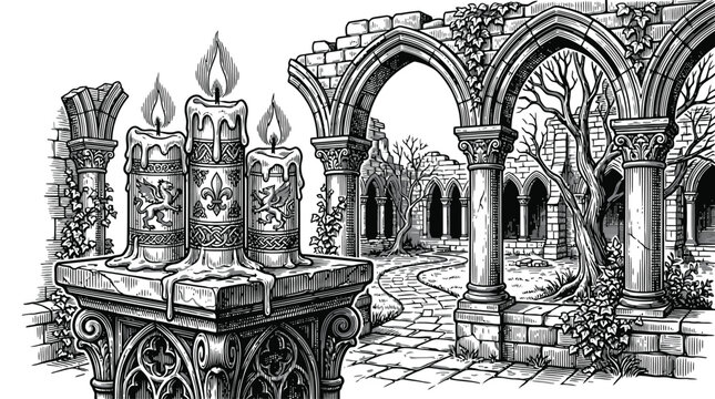 Medieval courtyard archways stone fantasy castle illustration vector.