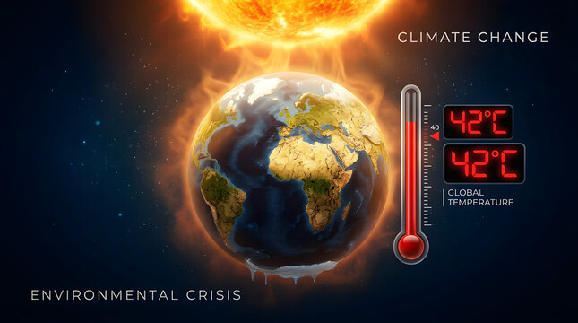 Earth overheating due to climate change and environmental crisis with sun and thermometer.