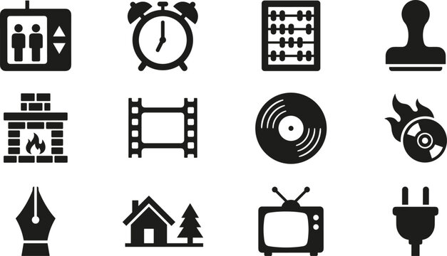Set of black solid icons with retro household objects and vintage lifestyle media elements.