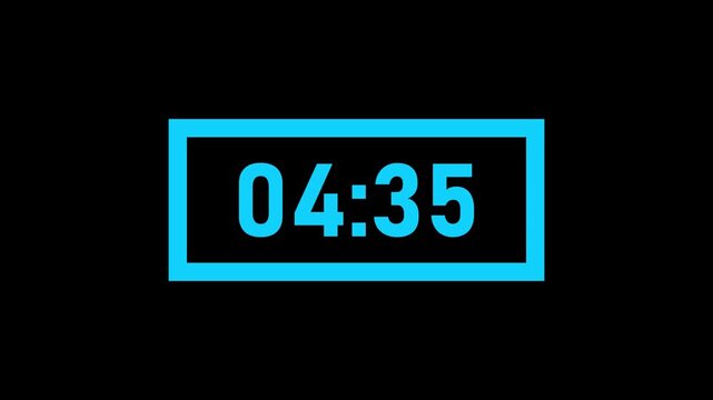 Digital timer 5 minute countdowns glowing neon blue against a dark background with cinematic motion