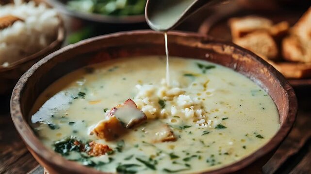 Creamy soup being poured into a bowl, garnished with herbs and croutons