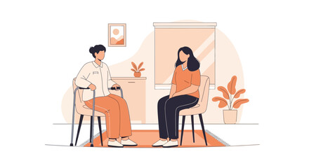 Fototapeta premium Therapy session, two women talking, older woman with cane indoors