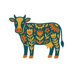 A folk art illustration of a cow with floral patterns © gali