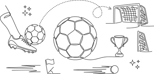 Soccer Football Continuous Line Art Icon Set with Kicking Cleat Ball Flight Path Goal Net Trophy and Corner Flag Minimalist Vector Illustration © Yousuf
