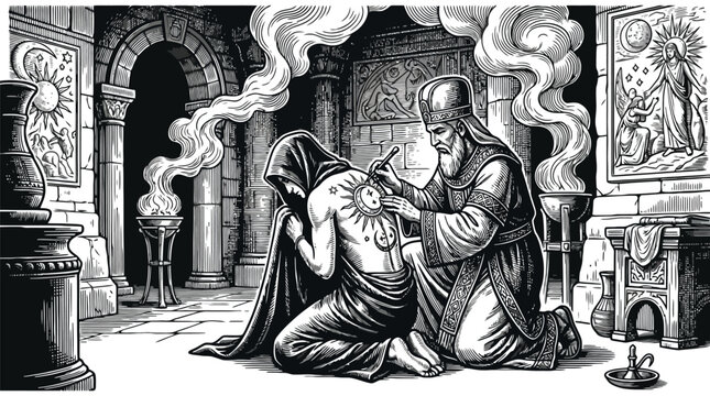 Sorcerer casting magic spell in alchemical laboratory vector illustration.