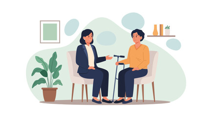 Fototapeta premium Nurse assisting elderly woman with cane in cozy living room, healthcare support