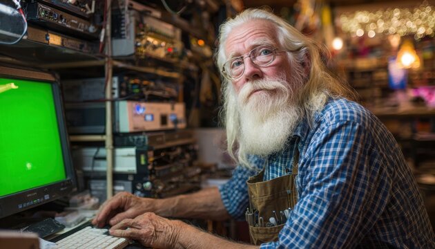 Older man with white hair and long beard working at computer in a cluttered workshop