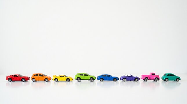 Row of colorful toy cars lined up on white surface