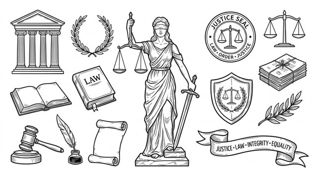 Hand Drawn Lady of Justice Sketch Vector Illustration Set with Law, Balance and Fairness Symbols