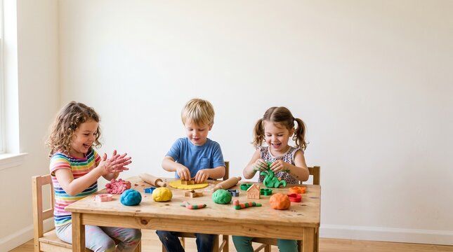 Three children happily playing with colorful modeling clay at a table