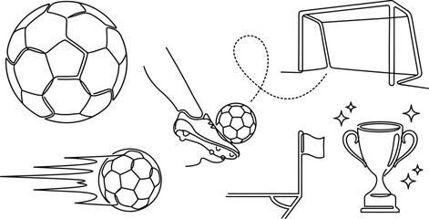 Soccer Football Continuous Line Art Icon Set with Kicking Cleat Ball Flight Trajectory Goal Net Championship Trophy and Corner Flag Vector Illustration © Yousuf