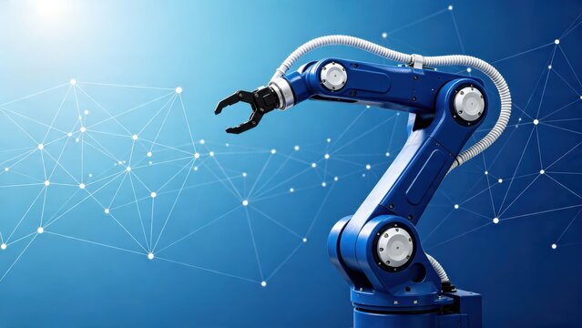 Blue robotic arm for industrial automation and manufacturing, representing advanced robotics technology and future factory production line concepts
