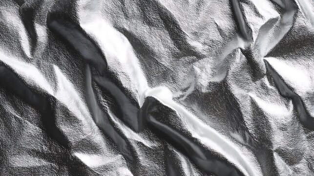 Abstract monochrome texture of crumpled metallic silver foil paper surface.