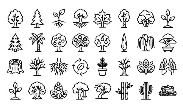 Modern Thin Tree Outline Icons with Roots Leaves Branches Fruit and Evergreen Species Editable Stroke Vector Set for Web UI and Nature Design