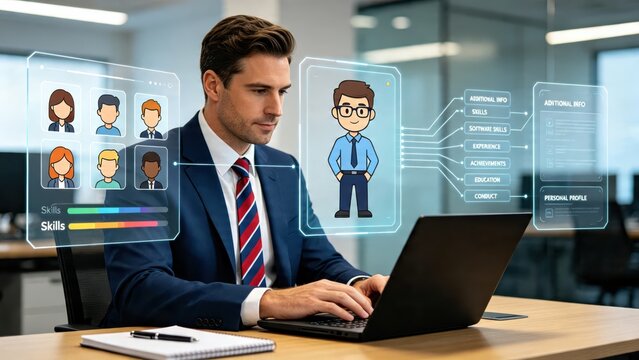 HR manager using holographic recruitment software to analyze candidate profiles and skills, modern human resources and hiring technology concept