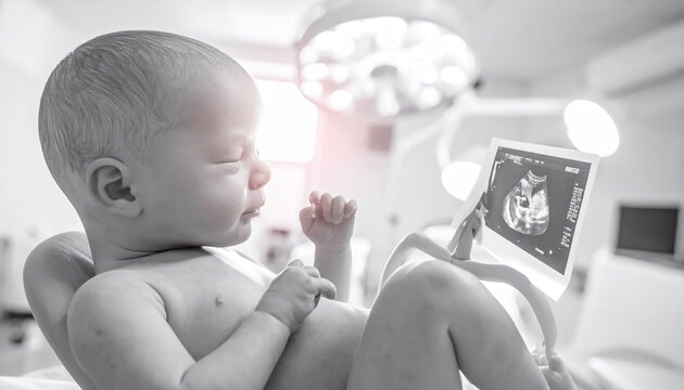Newborn Baby Gazes at Ultrasound Image Showing Fetus in Womb
