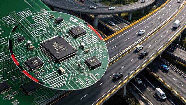 Green circuit board with microchips and data traces overlaying a busy multi-lane highway interchange, symbolizing smart city traffic management and digital infrastructure control.