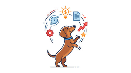 Fototapeta premium Dachshund Dog Juggling Office Tasks Abstract Flat Design Illustration