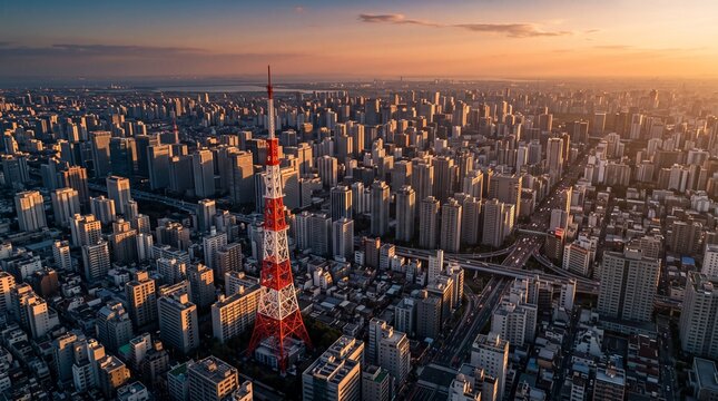 Tokyo Tower aerial view with sunset over city skyline