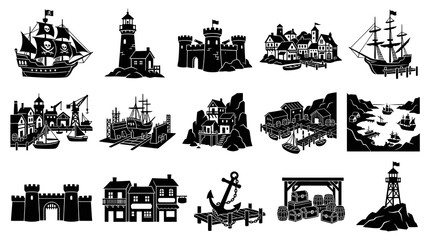 Obraz premium Black and White Nautical Icons: Ships, Lighthouses, Castles, and Ports