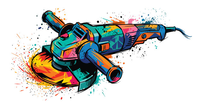 Power angle grinder tool featuring vivid paint splash artwork isolated on transparent base.