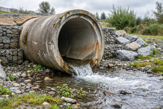 Storm drain outlet pipe releasing water into a natural stream  