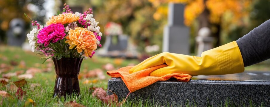 Person in yellow gloves cleaning a tombstone in a cemetery during autumn