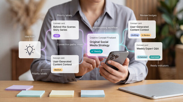 Person creating social media strategy on smartphone with concept cards