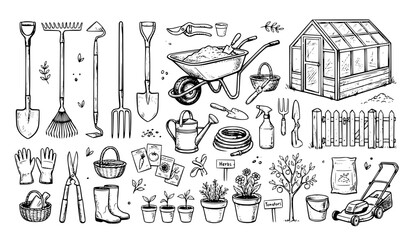 Obraz premium Garden Tools Doodle Sketch Vector Collection EPS10