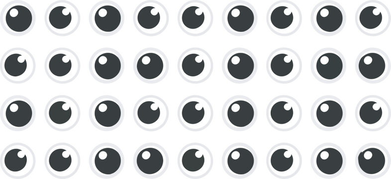 Googly eyes, wobbly plastic eyes for toys, puppet eyeballs, cartoon glossy round eyes isolated on white background, looking up, down, left, right, silly expressions, and fun vector icons.