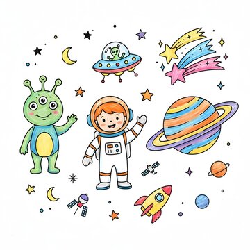 Whimsical childish doodles of outer space featuring a cute alien, astronaut, planet, UFO, and shooting stars. Hand-drawn with textured crayons. Isolated icons on white background.