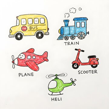Playful transportation doodles drawn by kids featuring a school bus, airplane, train, scooter, and helicopter. Bright crayon drawings isolated on a solid white background.